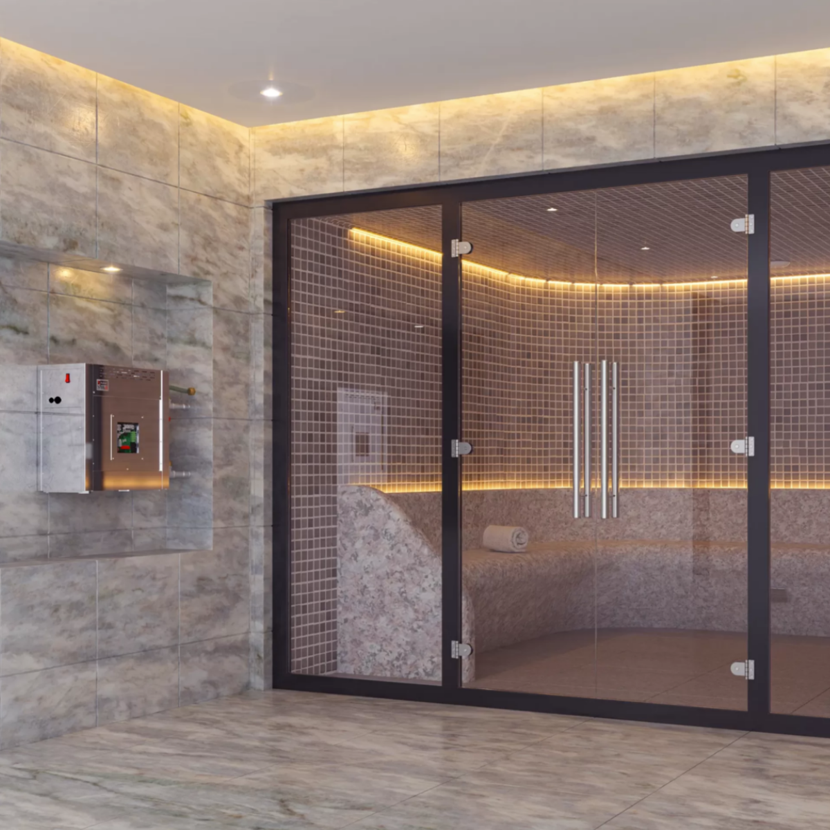 Phòng Xông Hơi Ướt (Steam Room) Cao Cấp – Vách Kính & Ghế Ốp Đá Mosaic [Mã: Steam-Luxury]