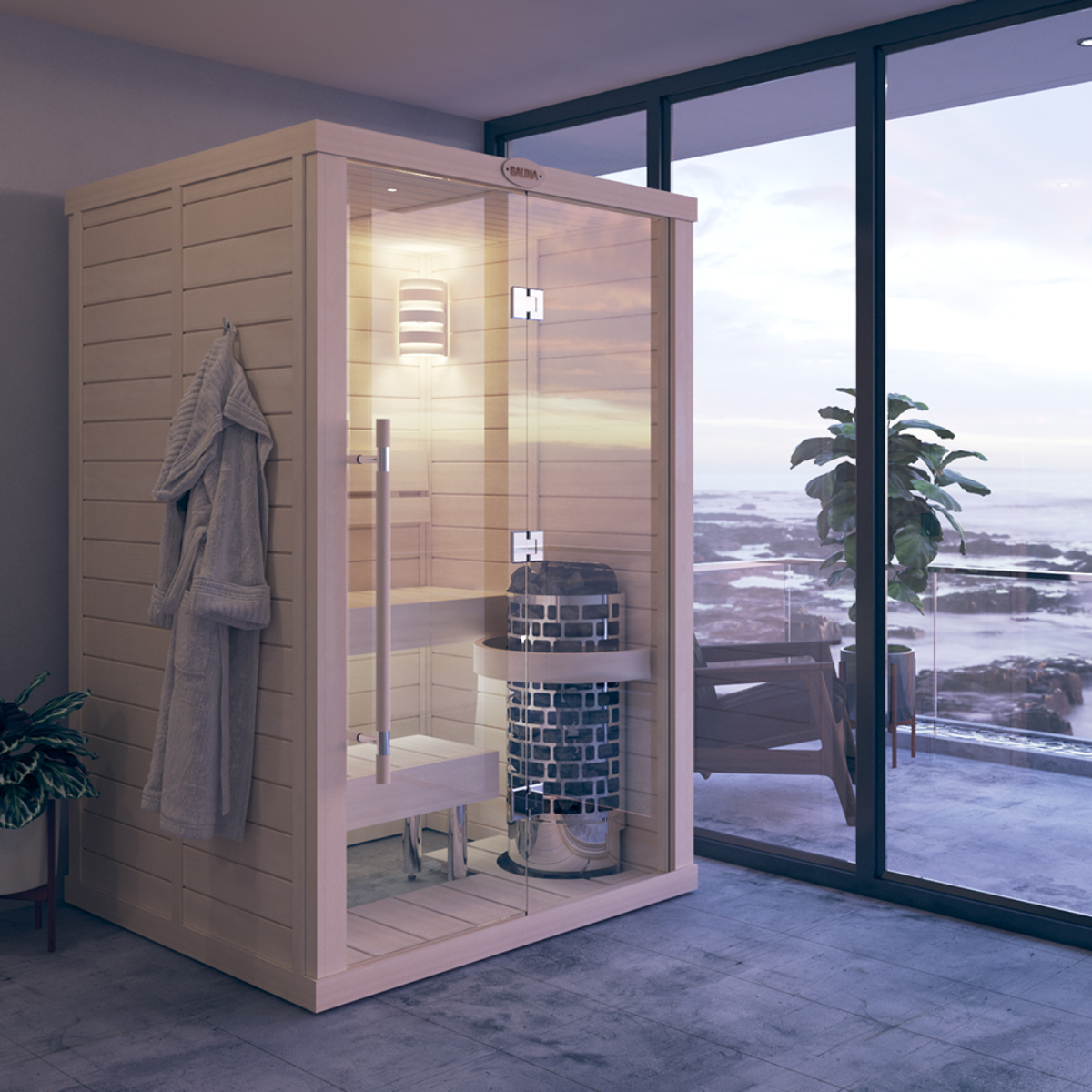 Cabin Xông Hơi Khô Phong Cách Bắc Âu – Gỗ Hemlock Trắng & Máy Xông Tháp [Mã: Scandi-Luxury]