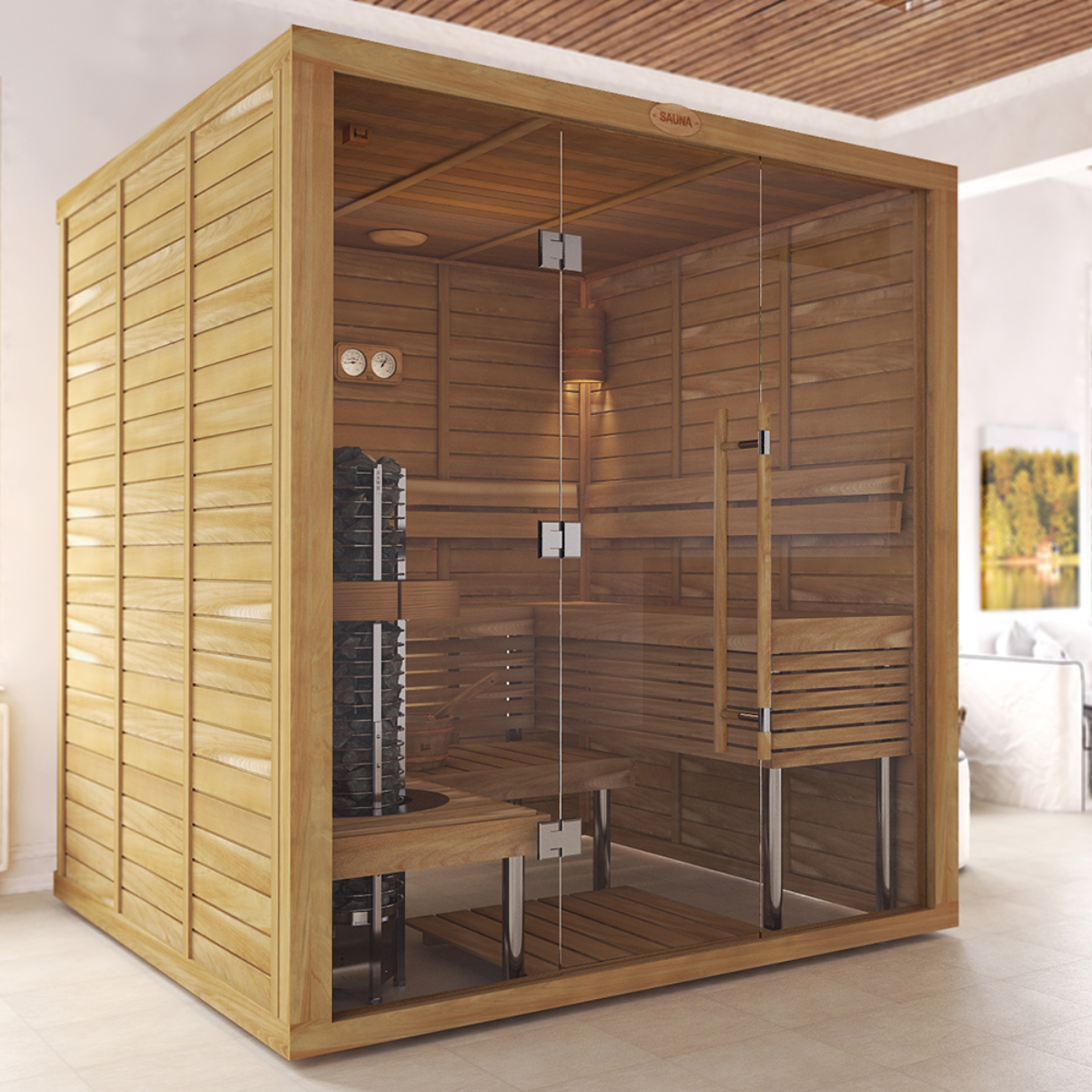 Phòng Xông Hơi Khô Vách Kính Hiện Đại – Máy Xông Tháp & Nội Thất Chân Inox [Mã: Modern-Tower]