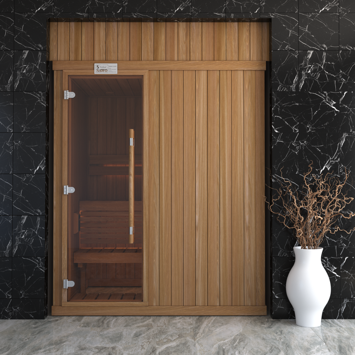 Phòng Xông Hơi Khô Âm Tường Hiện Đại – Thiết Kế Gỗ Kết Hợp Đá Marble [Mã: Inwall-SAWO]