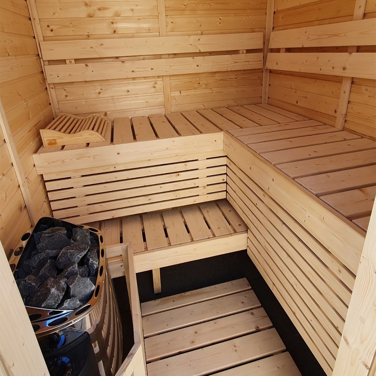 Phòng Xông Hơi Khô Gỗ Thông Tự Nhiên – Thiết Kế Ghế Góc Chữ L Tối Ưu [Mã: Standard-Pine]
